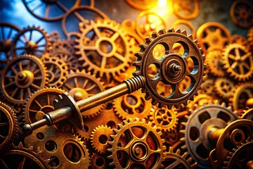 Obraz premium A Mysterious Steampunk Key Surrounded by Intricate Brass Gears and Cogs in a Fantastical Mechanical World, Invoking Adventure and Curiosity in Silhouette Photography