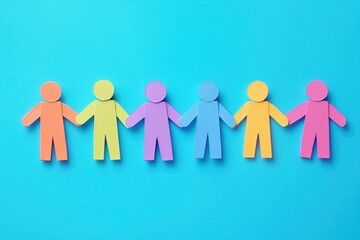 Colorful paper figures holding hands on a bright blue background, representing unity, teamwork, and diversity in a playful and creative manner.