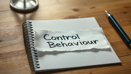 On the table is a notebook on which lies a piece of torn paper with the inscription - Control Behaviour isolated with white highlights, png