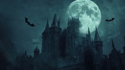 Fototapeta premium Gothic castle at night in full moonlight. New spooky castle in full moonlight. Haunted Gothic Castle in full moonlight. Gloomy scary scene with bats. Horror and terror concept.