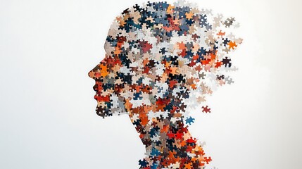 Profile silhouette filled with colorful jigsaw puzzle pieces, representing complexity and...