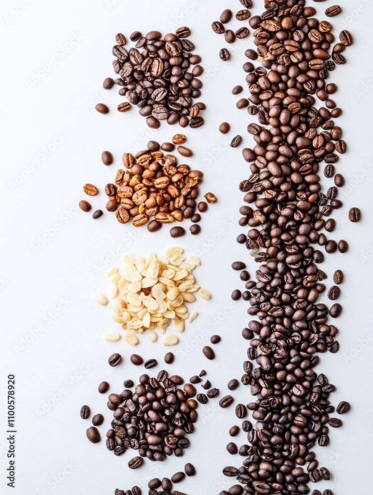 Poster a collection of coffee beans of various types is spread out on a clean white background, showcasing 