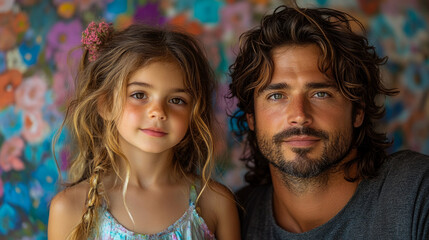 Fototapeta premium A man and a young girl pose together with smiles, surrounded by a vibrant floral background, enjoying a warm and cheerful moment indoors