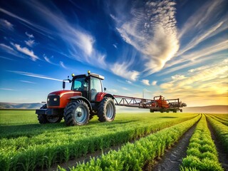 Fototapeta premium Architectural Photography of a Modern Tractor Sprayer in an Agricultural Landscape Showcasing Innovative Design and Functionality for Sustainable Farming Practices