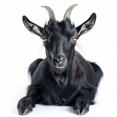 Obraz premium Young black goat with horns lying down and looking, isolated on white background