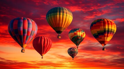 Fototapeta premium Colorful hot air balloons ascending at sunset against a dramatic sky.