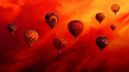 A vibrant display of colorful hot air balloons against a fiery sunset sky.