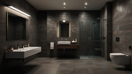 Modern bathroom interior design with dark gray tiles, a walk-in shower, double vanities, and a sleek design.