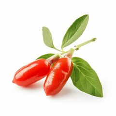 Branch with two fresh goji berries and green leaves isolated on white background