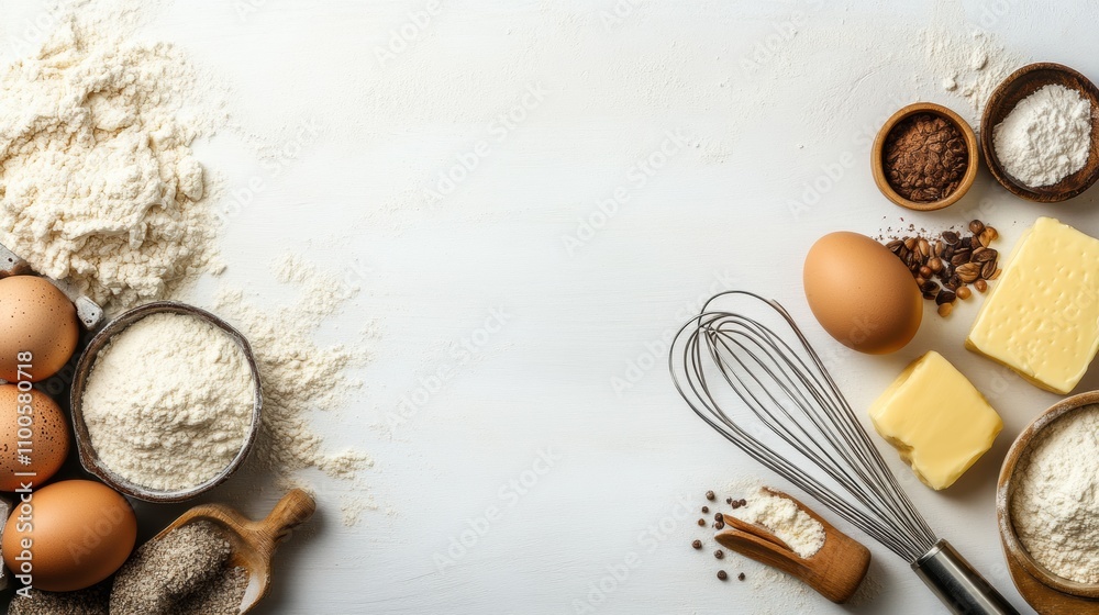 Poster Flour, eggs, butter, and a whisk are arranged neatly on a white background with ample space for additional text or notes. Generative AI