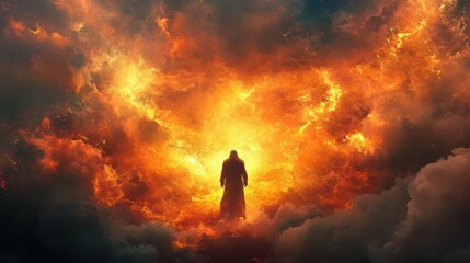 Obraz premium Judgment Day. Angry God stands against the backdrop of blazing fiery sky.