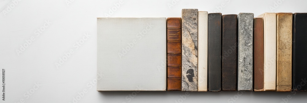 Poster A collection of books featuring various genres is lined up against a stark white background, highlighting unique covers and bindings. Generative AI