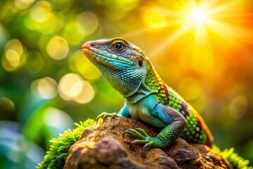 Fototapeta premium A Serene Lizard Resting on a Sunlit Rock, Captured Using the Rule of Thirds, Showcasing Nature's Beauty and Intricacies in a Tranquil Outdoor Setting