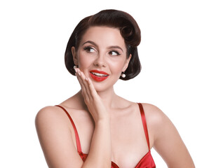 Fototapeta premium Portrait of pin-up woman on white background