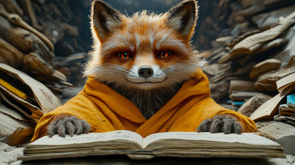 Obraz premium A fox character in an orange robe sits at a desk, reading a book among tall stacks of ancient books and scrolls in a warm library