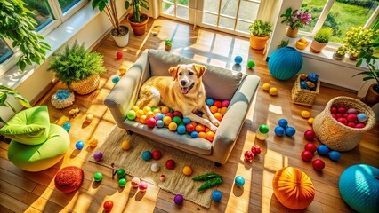 Naklejka premium A Spoiled Dog Enjoying Luxury Life at Home Surrounded by Toys, Cushions, and Treats in a Cozy Living Room with Natural Light and a Playful Atmosphere