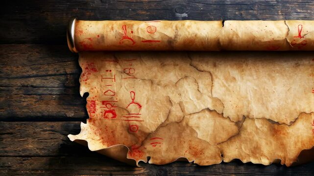 Ancient scroll with mysterious symbols on weathered parchment background