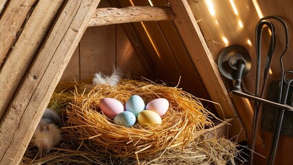 Pastel Easter eggs in nest inside rustic attic