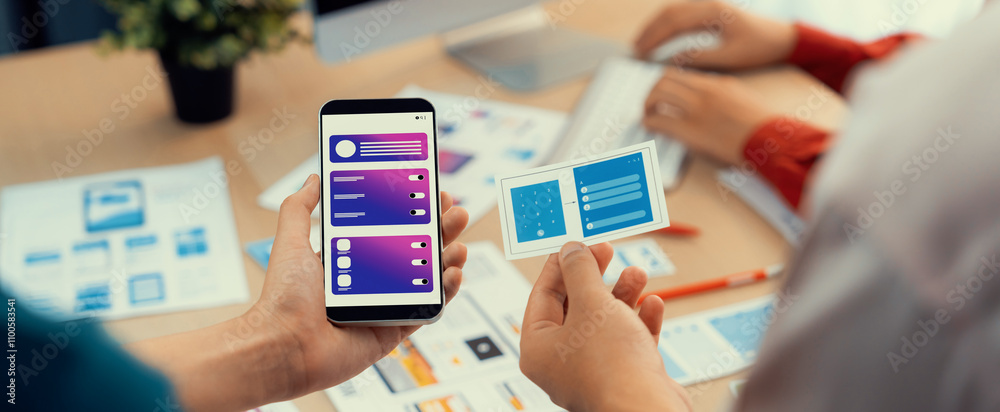 Poster panorama banner of startup ux developer or company employee design user interface or ui prototype fo