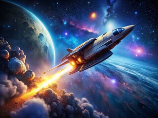 Obraz premium A Stunning Futuristic Spaceship Gliding Through a Starry Night Sky, Surrounded by Distant Galaxies and Celestial Bodies, Capturing the Essence of Cosmic Exploration and Adventure