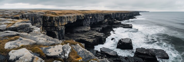 Dramatic coastal cliffs under a cloudy sky, showcasing rugged rock formations and crashing waves.