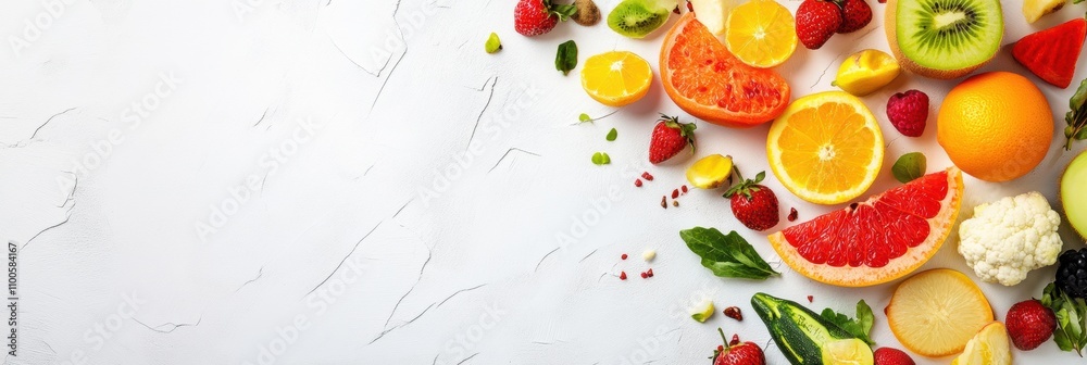Aufkleber fresh fruits and vegetables create a vibrant display on a bright background, showcasing a variety of