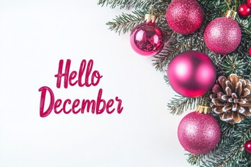 Christmas greeting card, pink and red Christmas decorations on the right side of a white background with text "Hello December" Generative AI