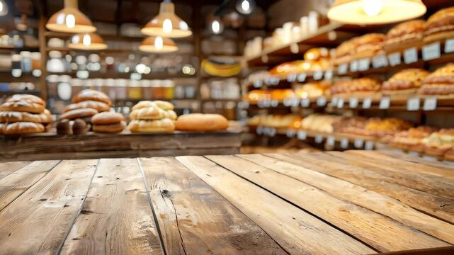 Rustic wooden table with bakery background showcasing fresh bread