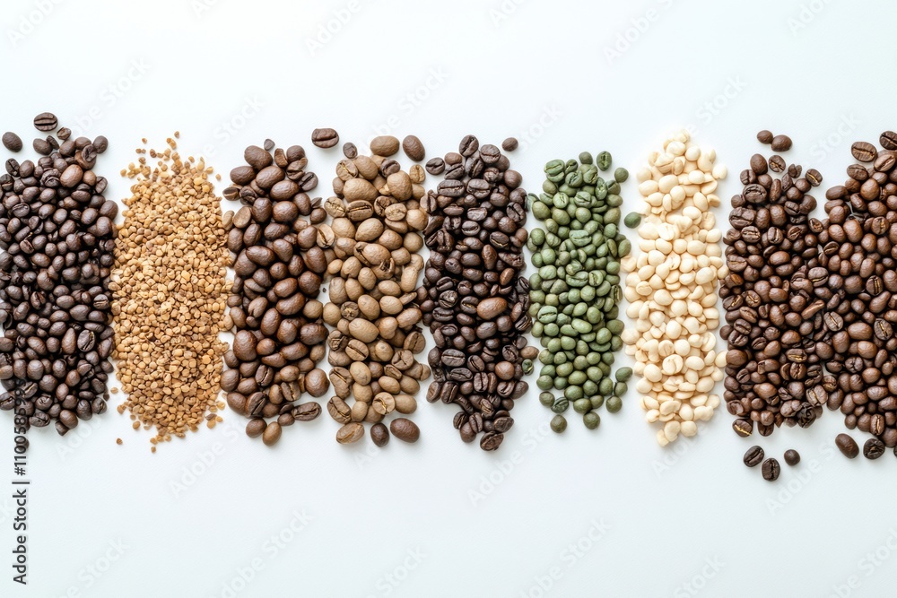 Poster coffee beans of different varieties are artfully arranged on a white surface, offering a blank space