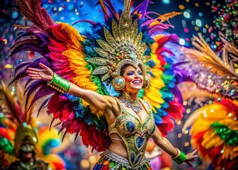 Fototapeta premium A Vibrant Celebration of Dance: A Colorful Performance with Glittering Costumes and Large Feathers Capturing the Spirit of Joy and Movement in Food Photography