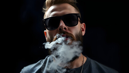 Obraz premium Men with beard in sunglasses vaping and releases a cloud of vapor on dark moody studio background isolated with white highlights, png