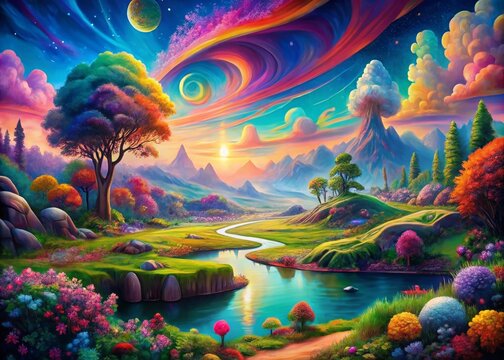 A Vibrant Landscape Featuring a Psychedelic Spectrum of Emotions - Happiness, Hallucination, and Melancholy in a Colorful Natural Setting