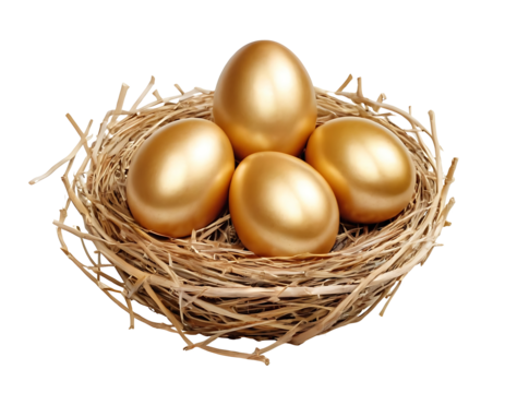 Nest with five golden eggs, symbolizing wealth, prosperity, investment, or achieving financial success. (Transparent PNG)