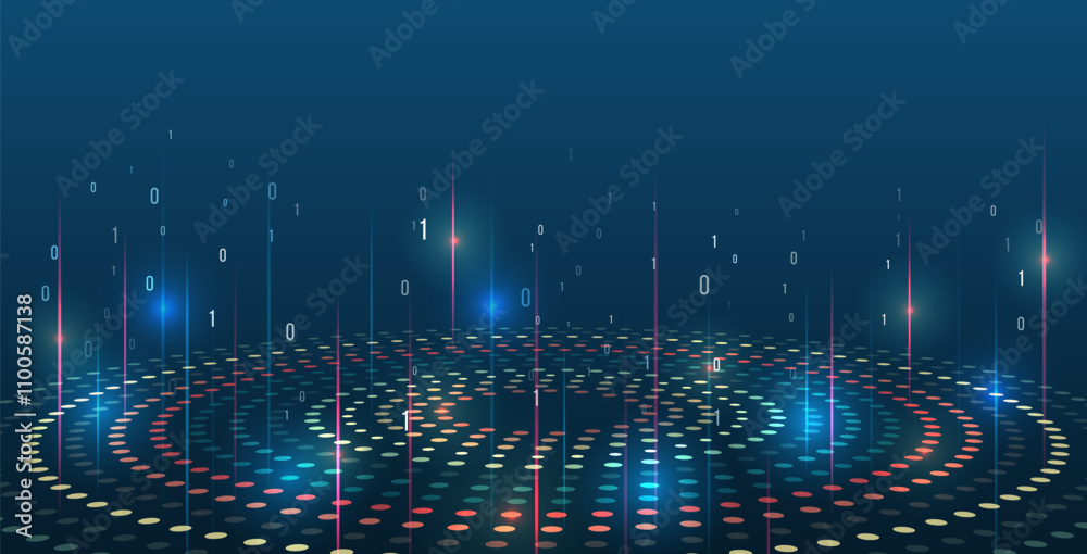 Aufkleber Abstract stream information with circles array and binary code. Filtering machine algorithms. Wide Big data visualization. Information analytics concept. Sorting data. Vector technology background.