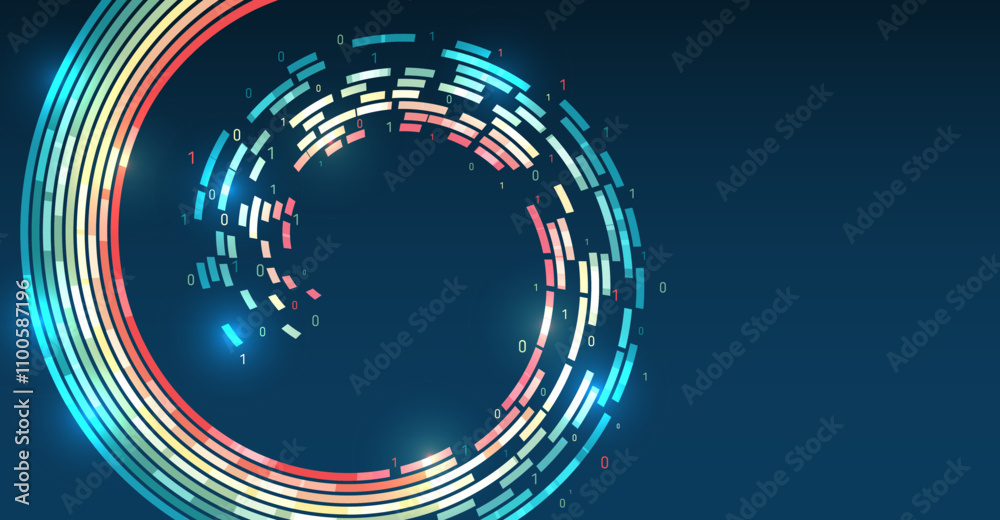 Aufkleber Large data stream on a dark background, glowing lines and circles. Data set analysis and visualization. Artificial intelligence, business analytics. An array of information in the form of a disk.