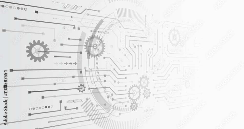 Fototapete sci-fi gray background with various technology elements. science concept, circuit board and gear mec