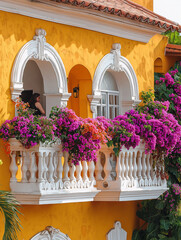 Bunte Balkonblumen an gelber Fassade in Kolumbien  