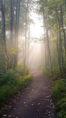 Obraz premium A serene foggy forest path, bathed in soft light streaming through the trees, evoking a sense of calm and mystery as nature gently embraces the surroundings.
