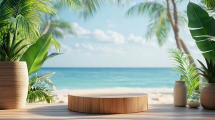 Fototapeta premium Summer product display on wooden podium at sea tropical beach
