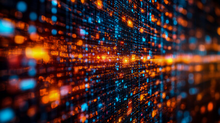 Fototapeta premium A colorful network visualization highlights the dynamic flow of data with bright blue and orange lights, suggesting advanced technology in play