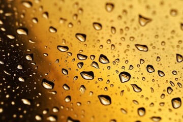 Glossy golden background with large drops on a glass surface