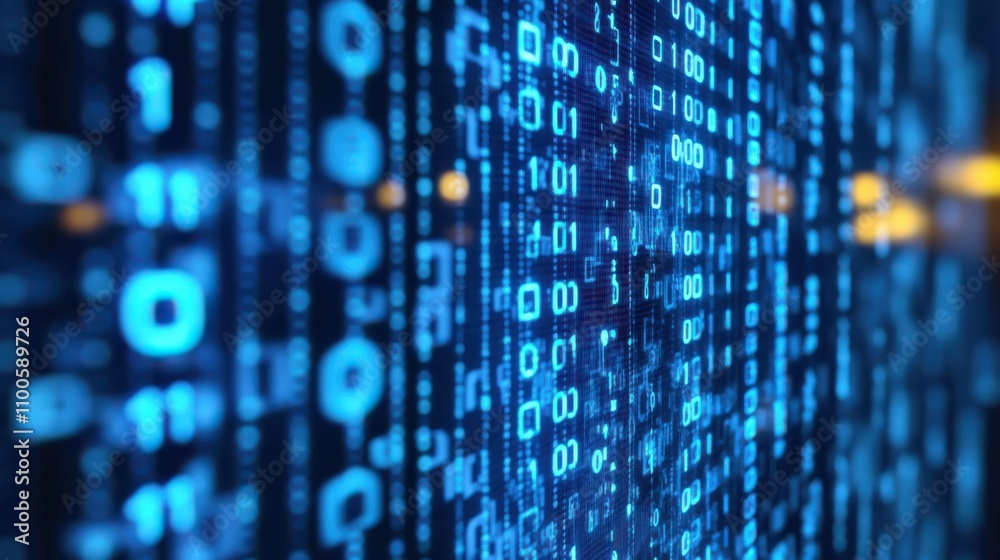 Poster the background of a computer screen is dominated by blue digital binary data