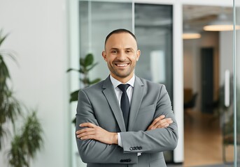Fototapeta premium Confident young caucasian male executive in modern office setting
