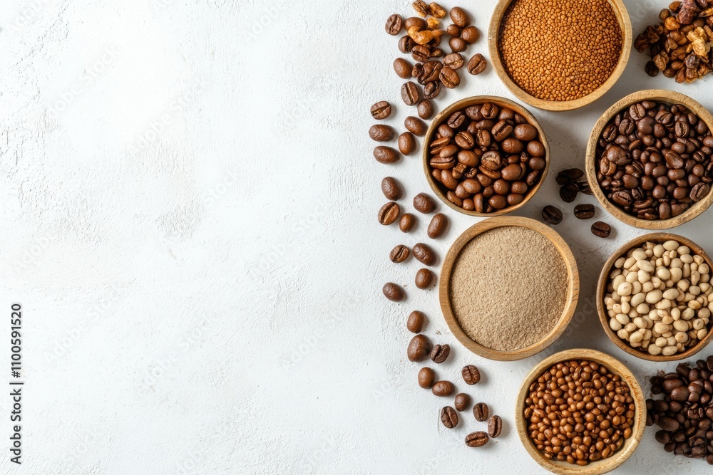 Fototapete coffee beans and grounds of various types are artfully displayed on a white surface, highlighting th