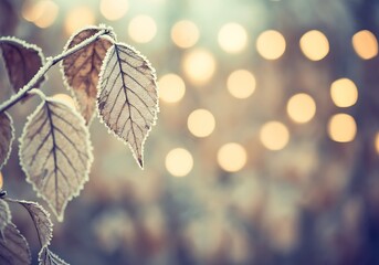 Obraz premium Frosty autumn leaves with soft bokeh background