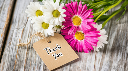 Colorful bouquet of pink and white daisies with thank you tag, perfect for expressing gratitude and appreciation in heartfelt way