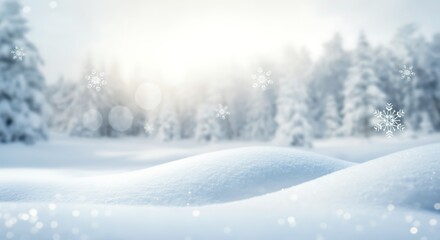 Fototapeta premium Serene winter landscape with snow-covered hills and snowflakes
