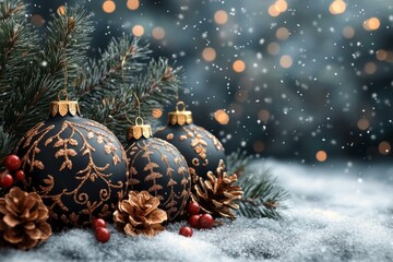  Festive Christmas ornaments with pinecones and snow for holiday decoration and winter celebration atmosphere