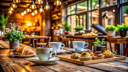 Fototapeta premium Blurred Coffee Shop Background with Rustic Wooden Table for Serving Food and Drinks in a Gastronomic Venue, Macro Photography of Delicious Culinary Delights