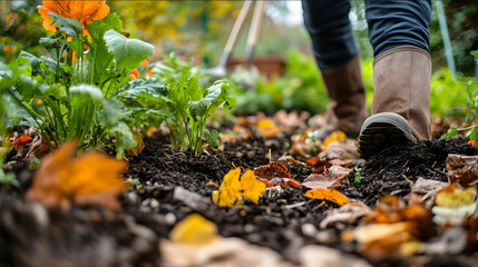 closeup photo autumn garden bed strewn with fallen leaves gardener cleaning the garden bed clearing the leaves before planting flower bulbs